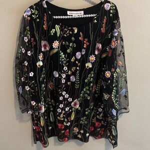 Caroline Rose Embroidered Black Floral Dressy Top Sheer Sleeves Size 2x